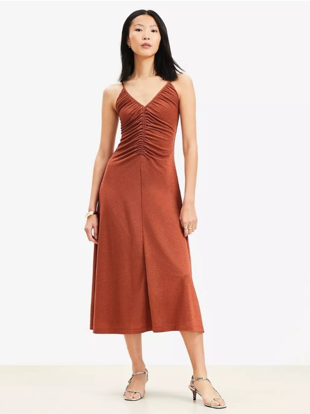 LOFT Petite XS Shimmer Ruched Strappy Midi Dress |Copper/Rust/Burnt Orange Color